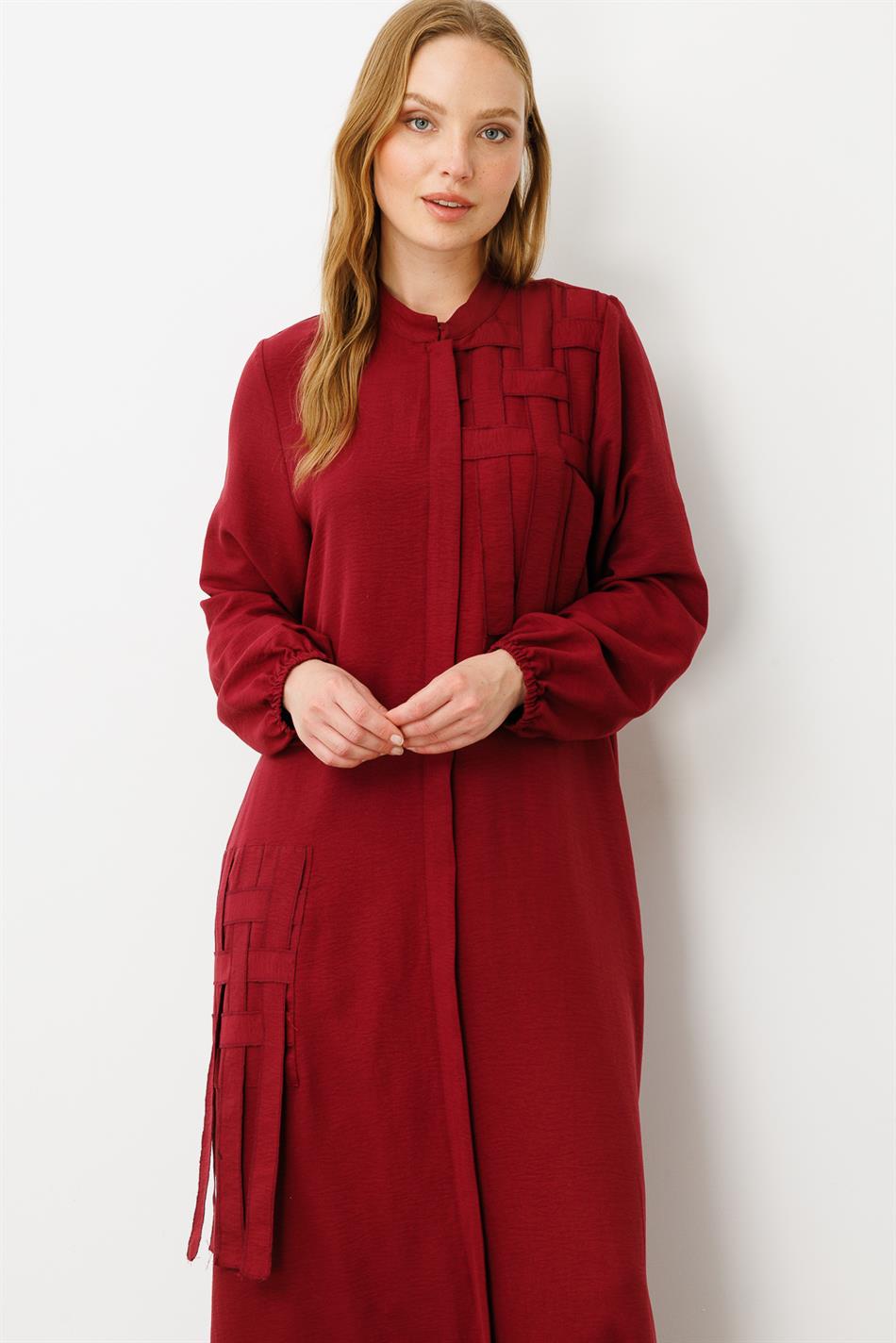 Mesh Poly - Cupra Detailed Special Embroidery Pattern Abaya Coat - Burgundy