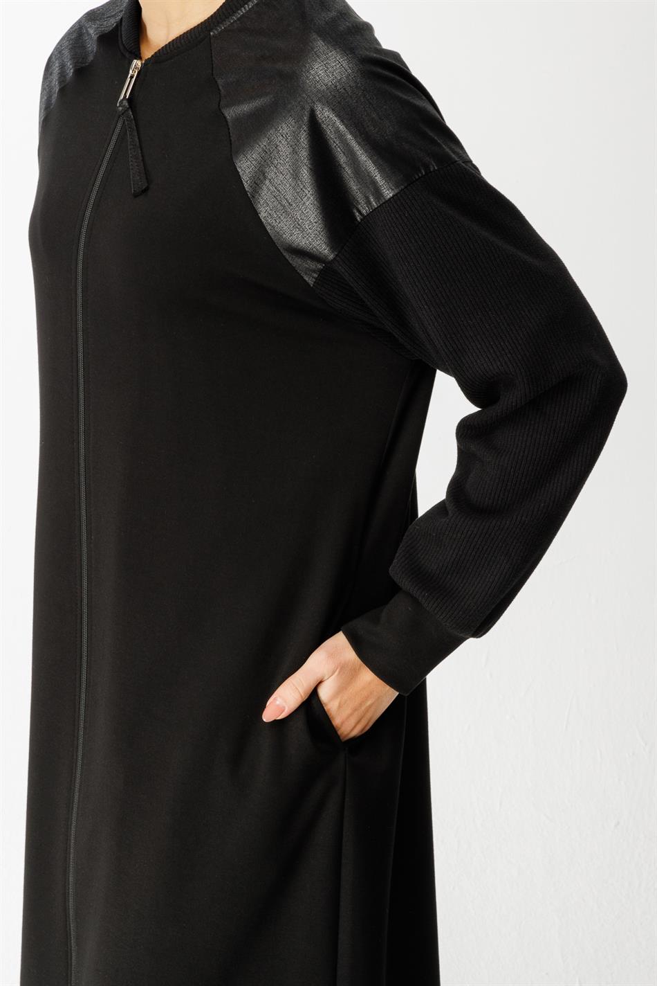 Gebreide abaya met Mix Garni-details - Zwart