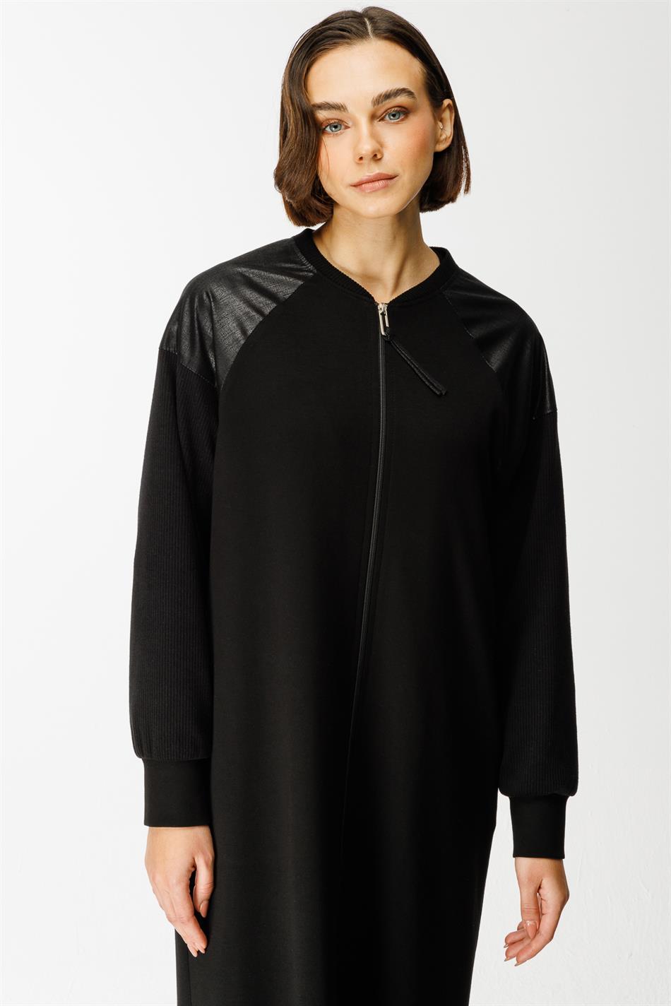 Gebreide abaya met Mix Garni-details - Zwart