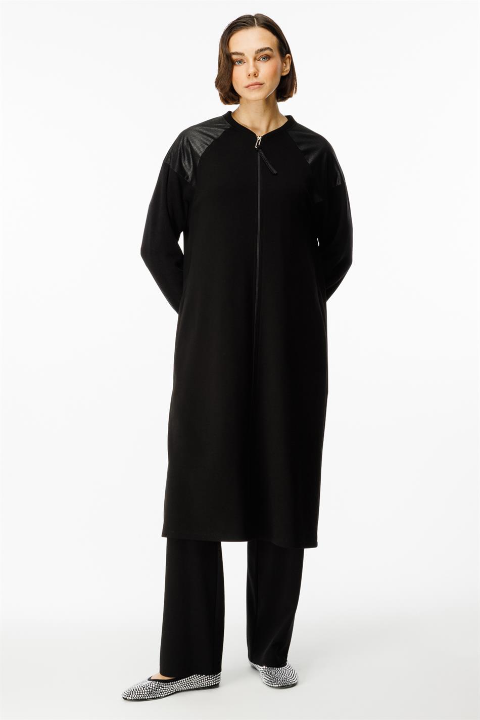 Gebreide abaya met Mix Garni-details - Zwart