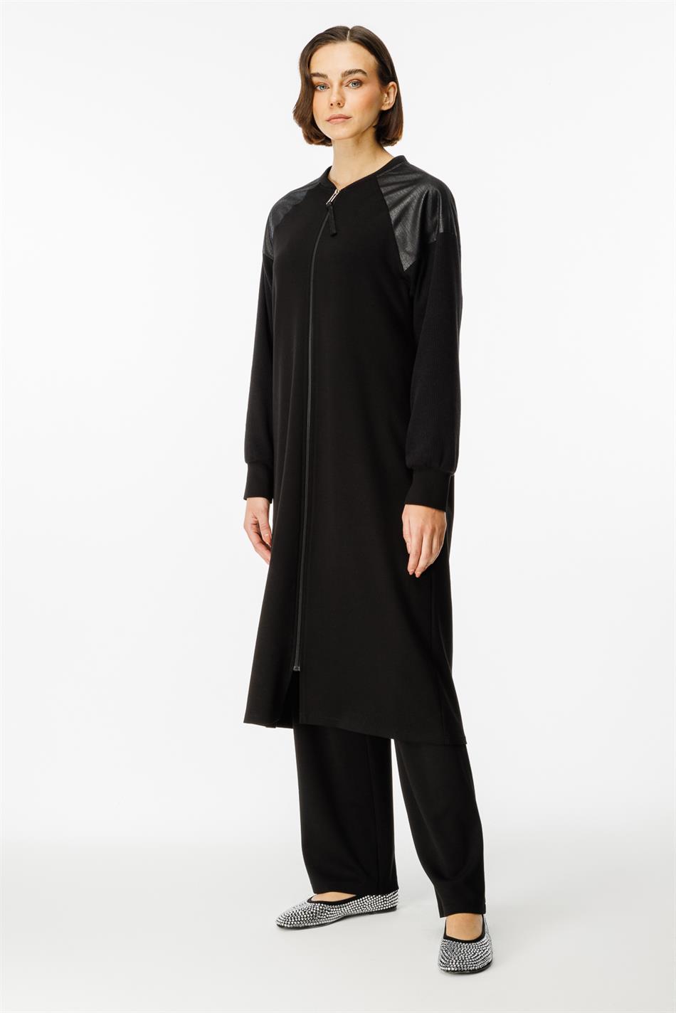 Gebreide abaya met Mix Garni-details - Zwart