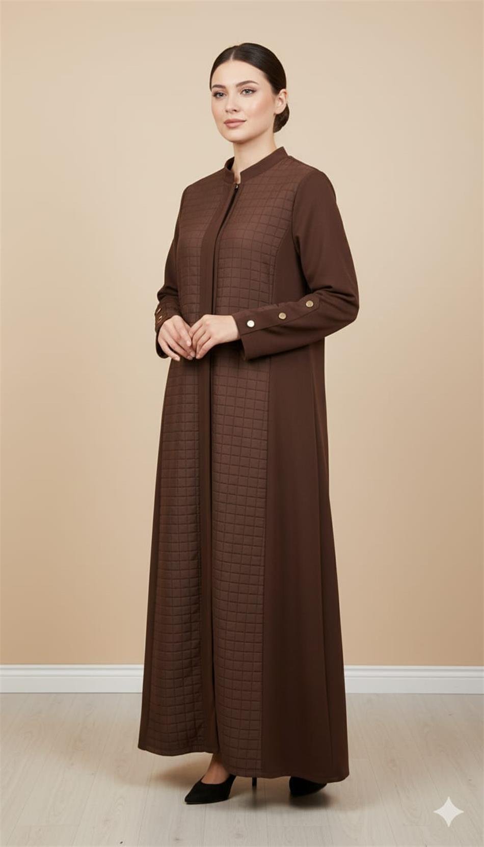 Mix Jakar Kapitone ve Krep Kumaş Karışımı Astarlı Zamansız Trench Kap-Kahve