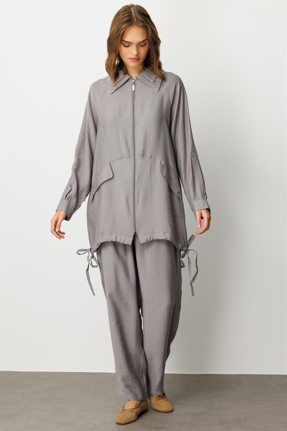 Modal (90% Təbii Tərkibli) Rahat, Zamansız və Mövsümi Şalvar Dəsti, Detallı - Boz