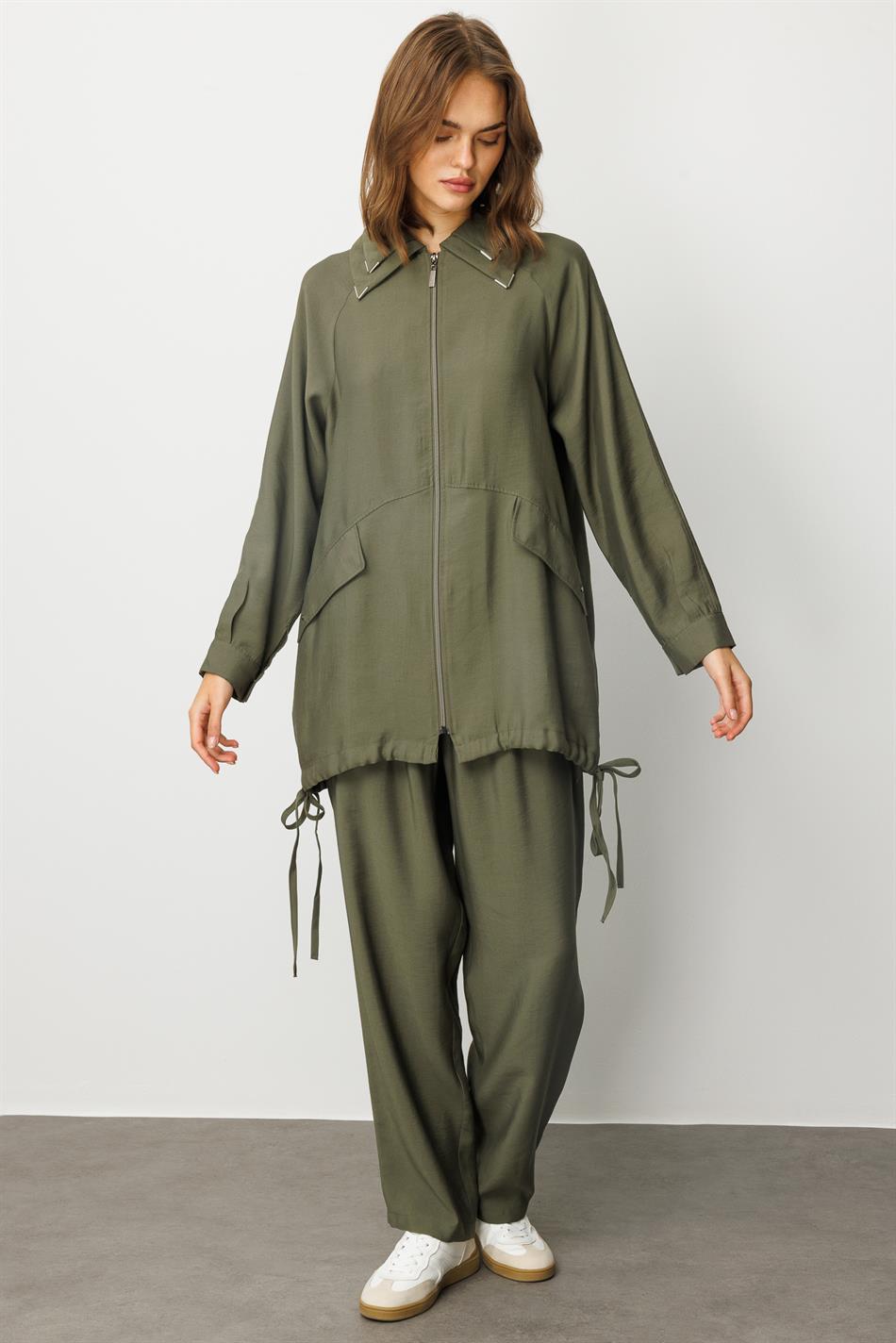 Modal (90% Natural Content) Comfortable, Timeless, and Seasonless Trouser Set with Detail - Khaki