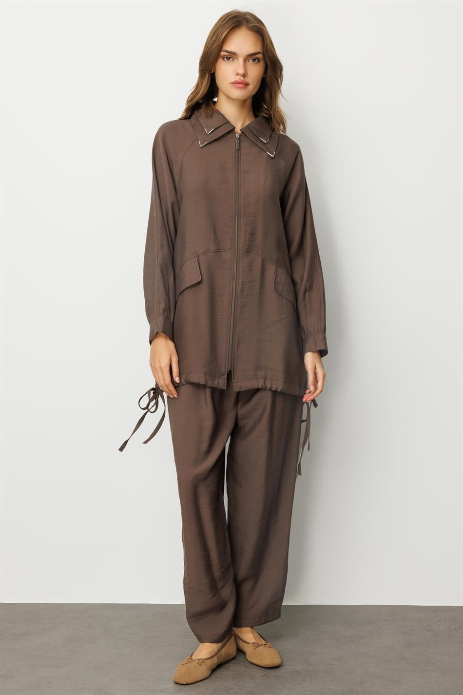 Modal (90% Təbii Tərkibli) Rahat, Zamansız və Mövsümi Şalvar Dəsti, Detallarla - Qəhvə