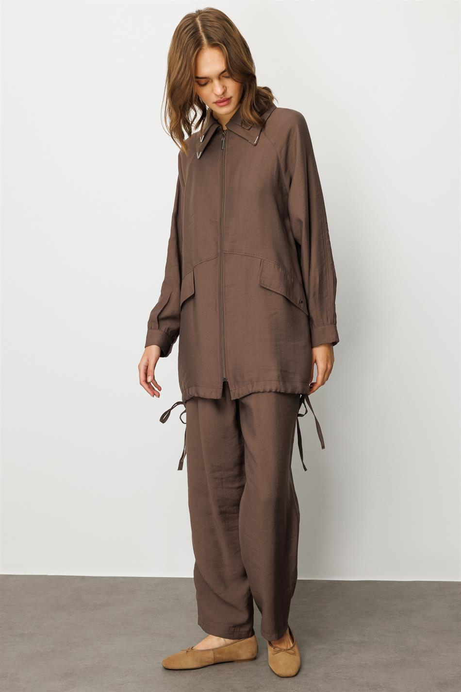 Modal (90% Təbii Tərkibli) Rahat, Zamansız və Mövsümi Şalvar Dəsti, Detallarla - Qəhvə