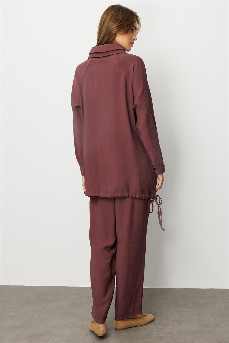 Modal (90 % Naturfaser) Bequemes, zeitloses und saisonunabhängiges Hosen-Set mit Details – Burgunderrot