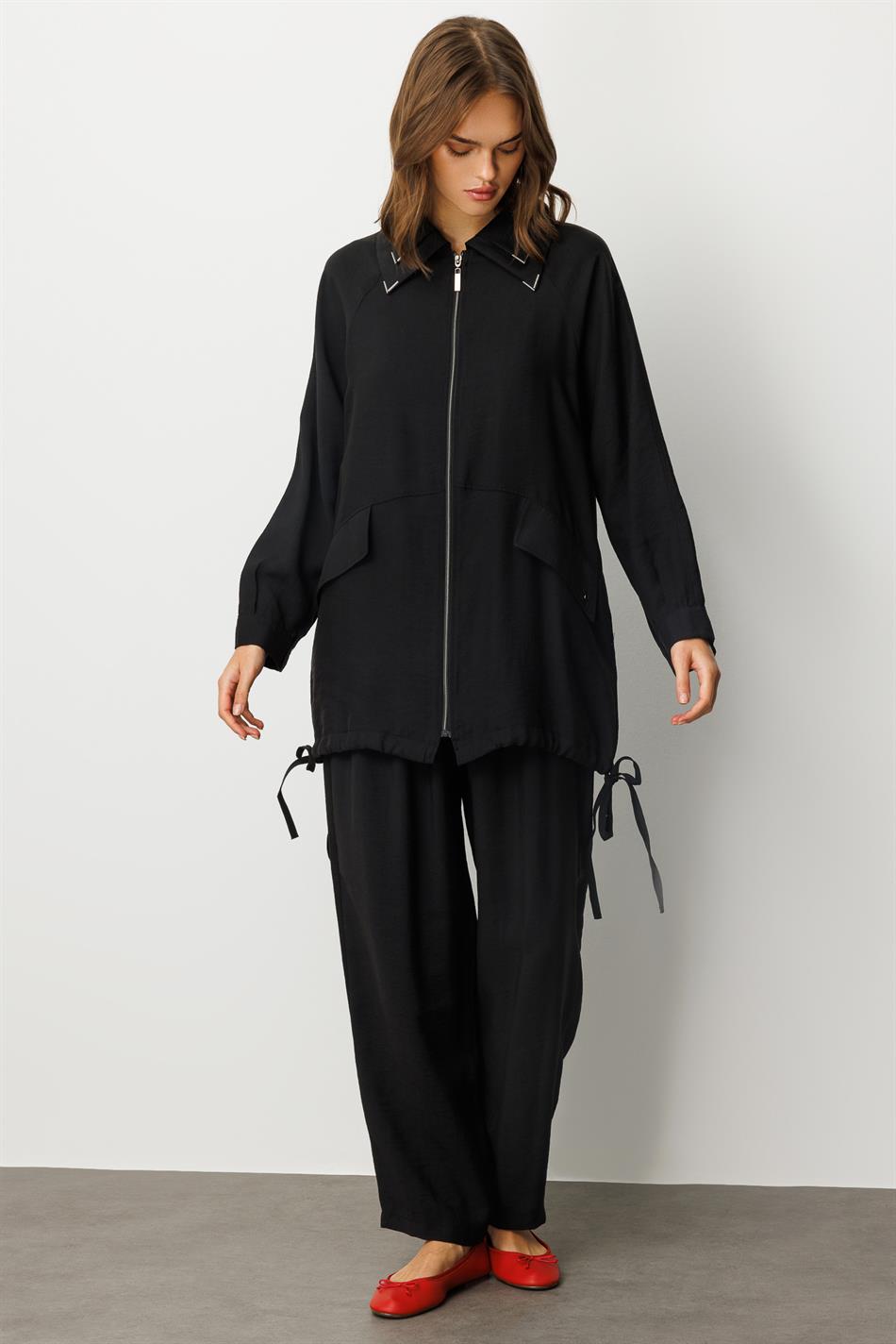 Modal (90% Natural Content) Comfortable, Timeless, and Seasonless Trouser Set with Detail - Black