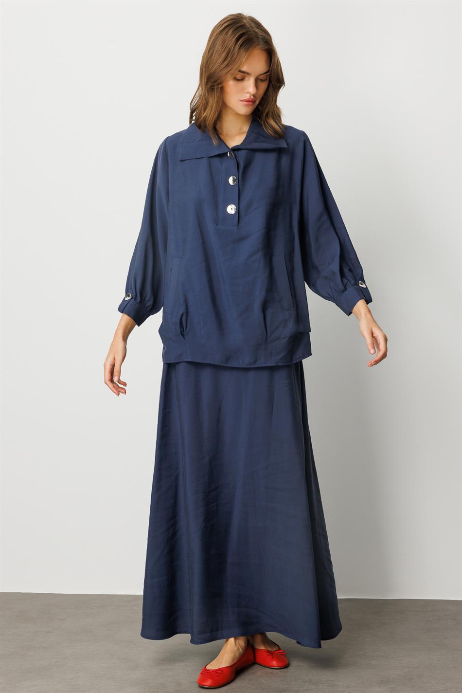 Model (90% Natural Content) Draped Soft Fabric Skirt Set with Accessory Details - Navy Blue