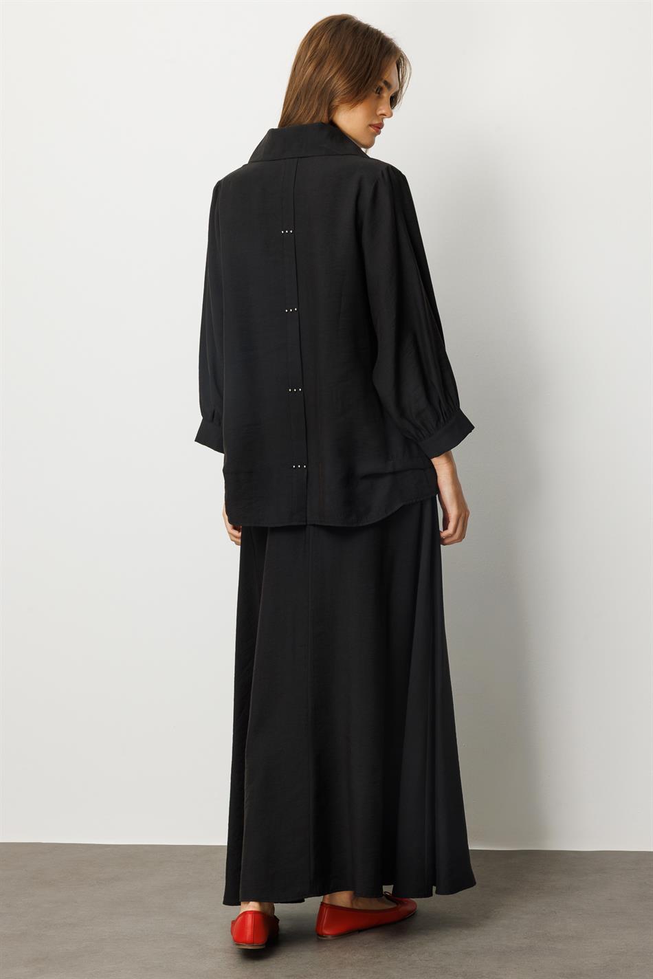 Model (90% Natural Content) Flowy Soft Fabric Skirt Set with Accessory Details - Black