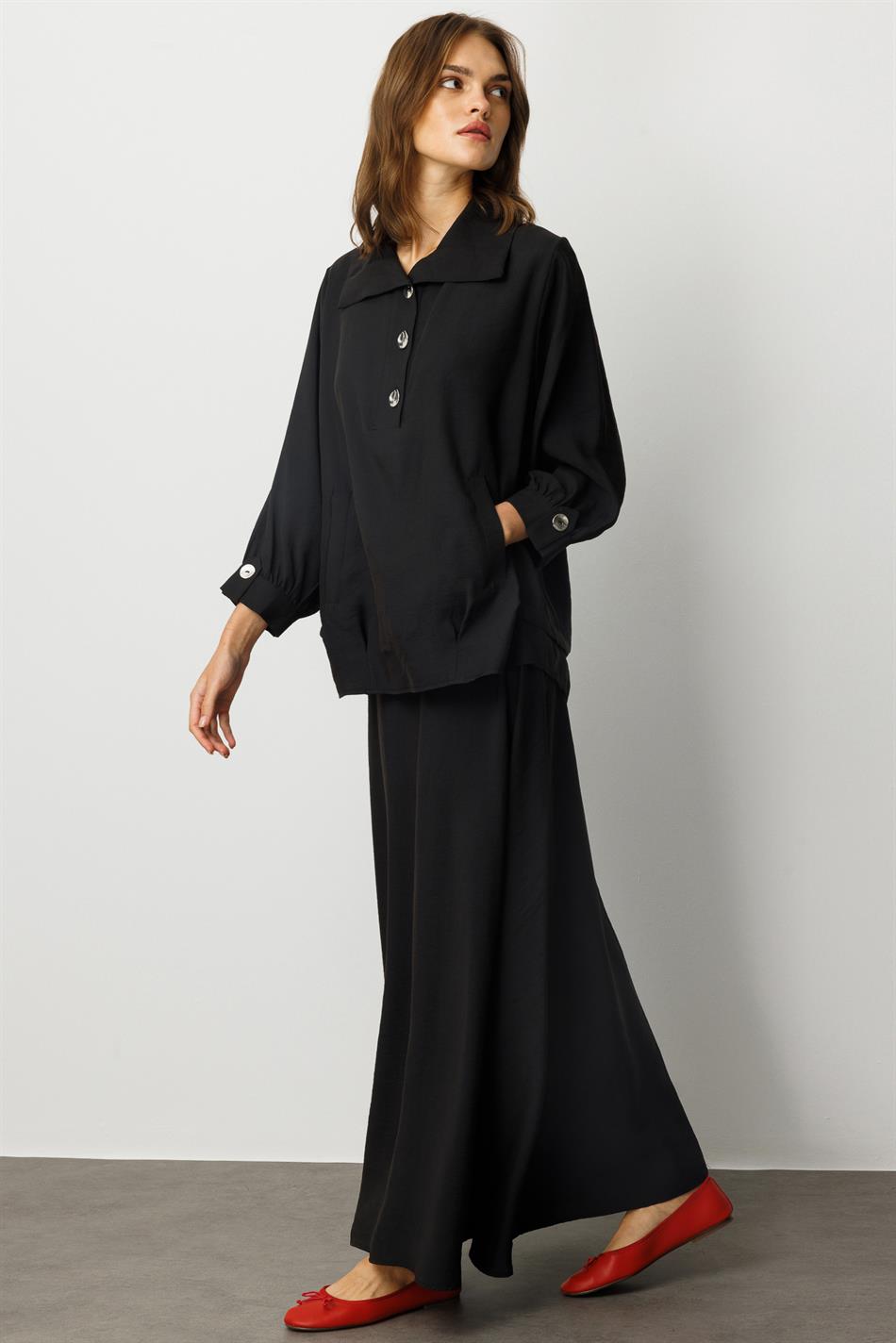 Model (90% Natural Content) Flowy Soft Fabric Skirt Set with Accessory Details - Black