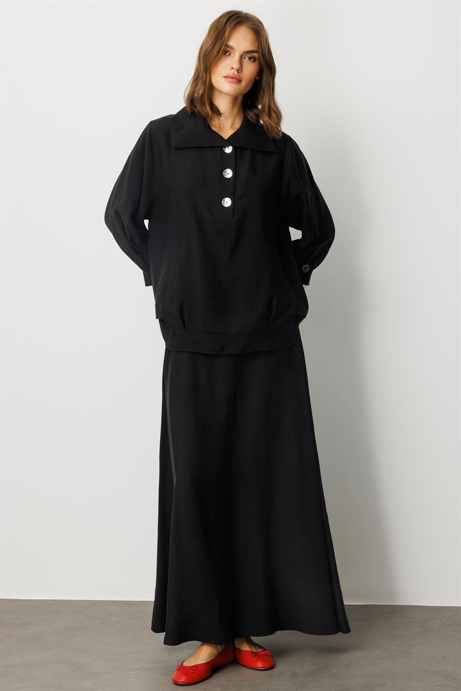 Model (90% Natural Content) Flowy Soft Fabric Skirt Set with Accessory Details - Black