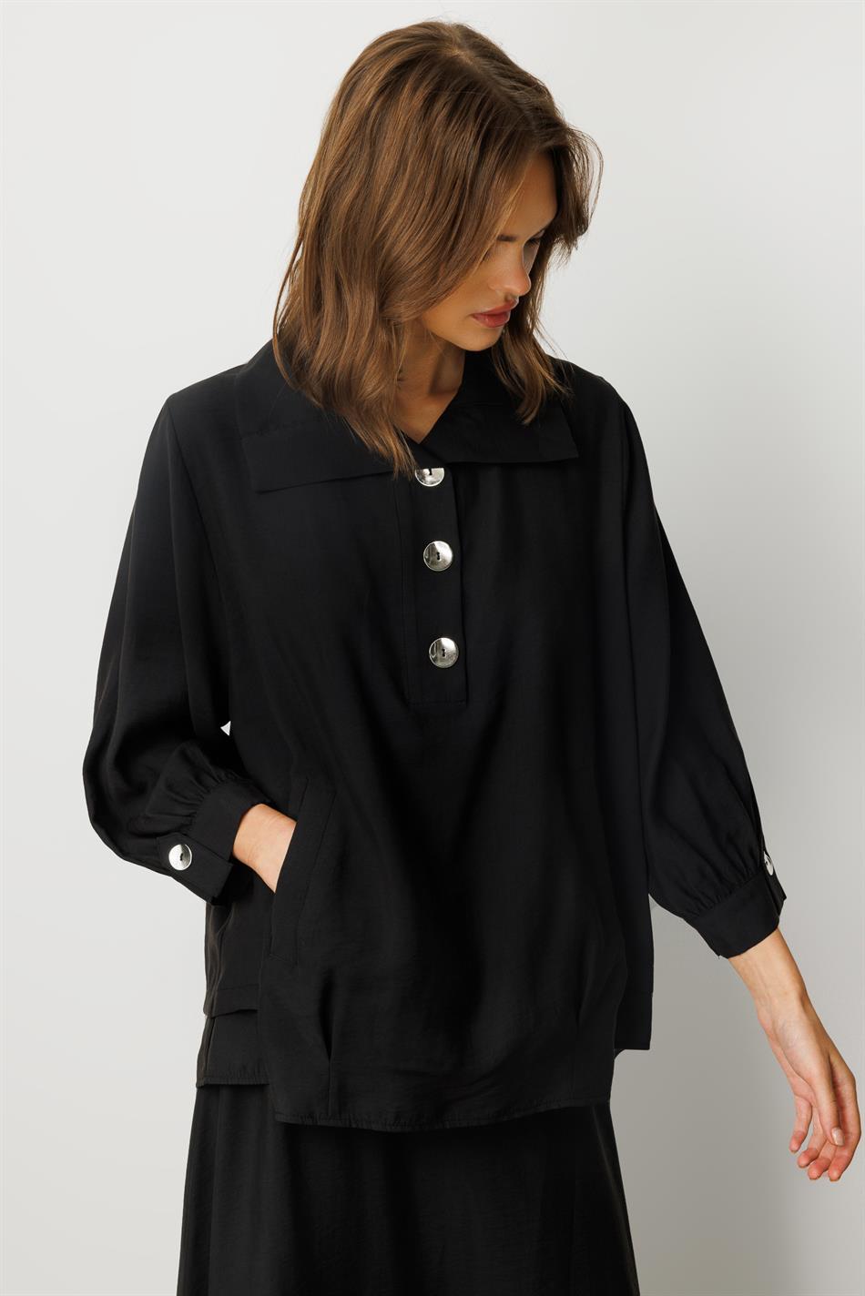 Model (90% Natural Content) Flowy Soft Fabric Skirt Set with Accessory Details - Black