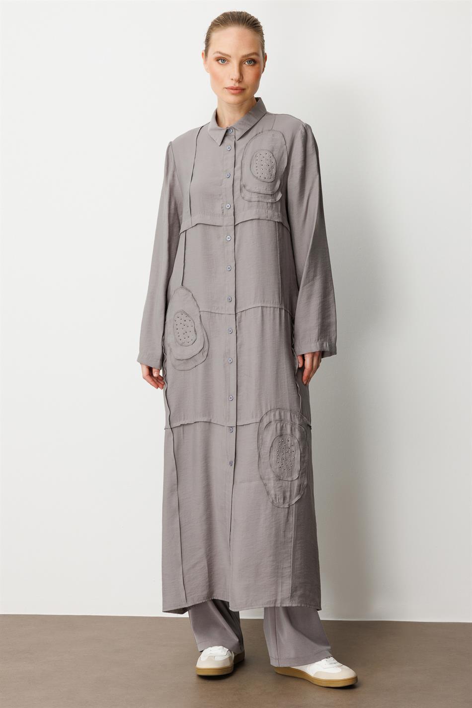Model (90% Natural Content) Handcrafted Trim Pattern Embroidery Timeless Abaya/Cape - Grey