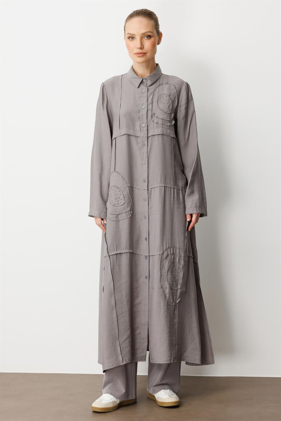 Model (90% Natural Content) Handcrafted Trim Pattern Embroidery Timeless Abaya/Cape - Grey