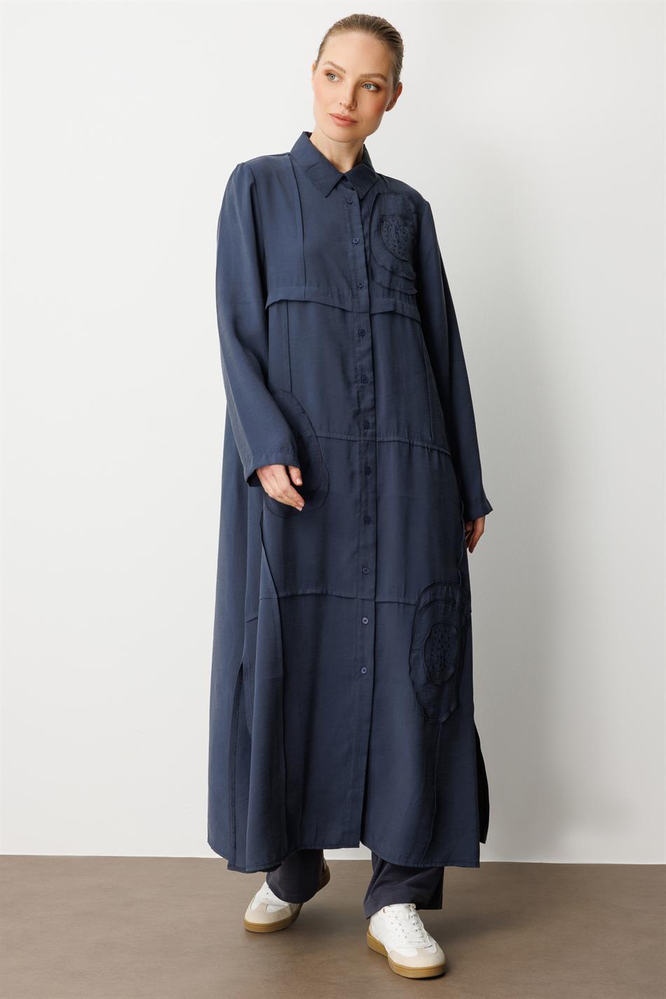 Model (90% Natural Content) Handcrafted Trim Pattern Embroidery Timeless Abaya / Navy Blue