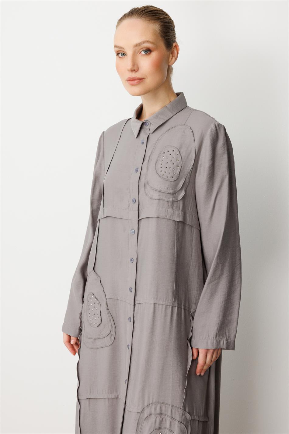 Model (90% Natural Content) Handcrafted Trim Pattern Embroidery Timeless Abaya/Cape - Grey