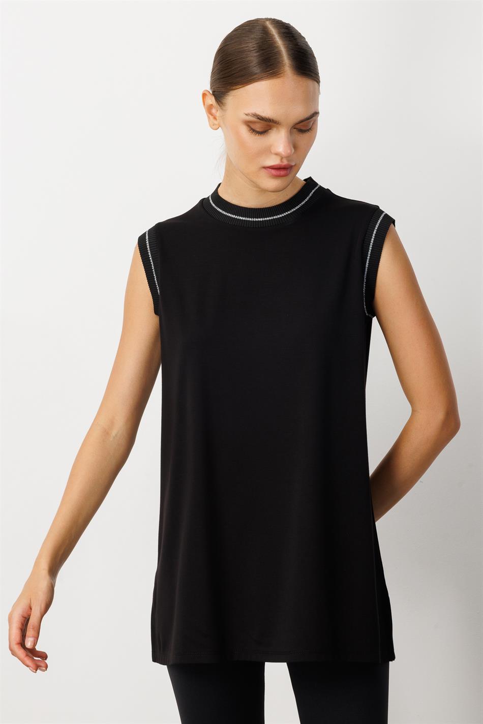 Mybch Örgü Əlavə Drapey Yumşaq Teksturalı Zamansız Qolsuz Top - Qara