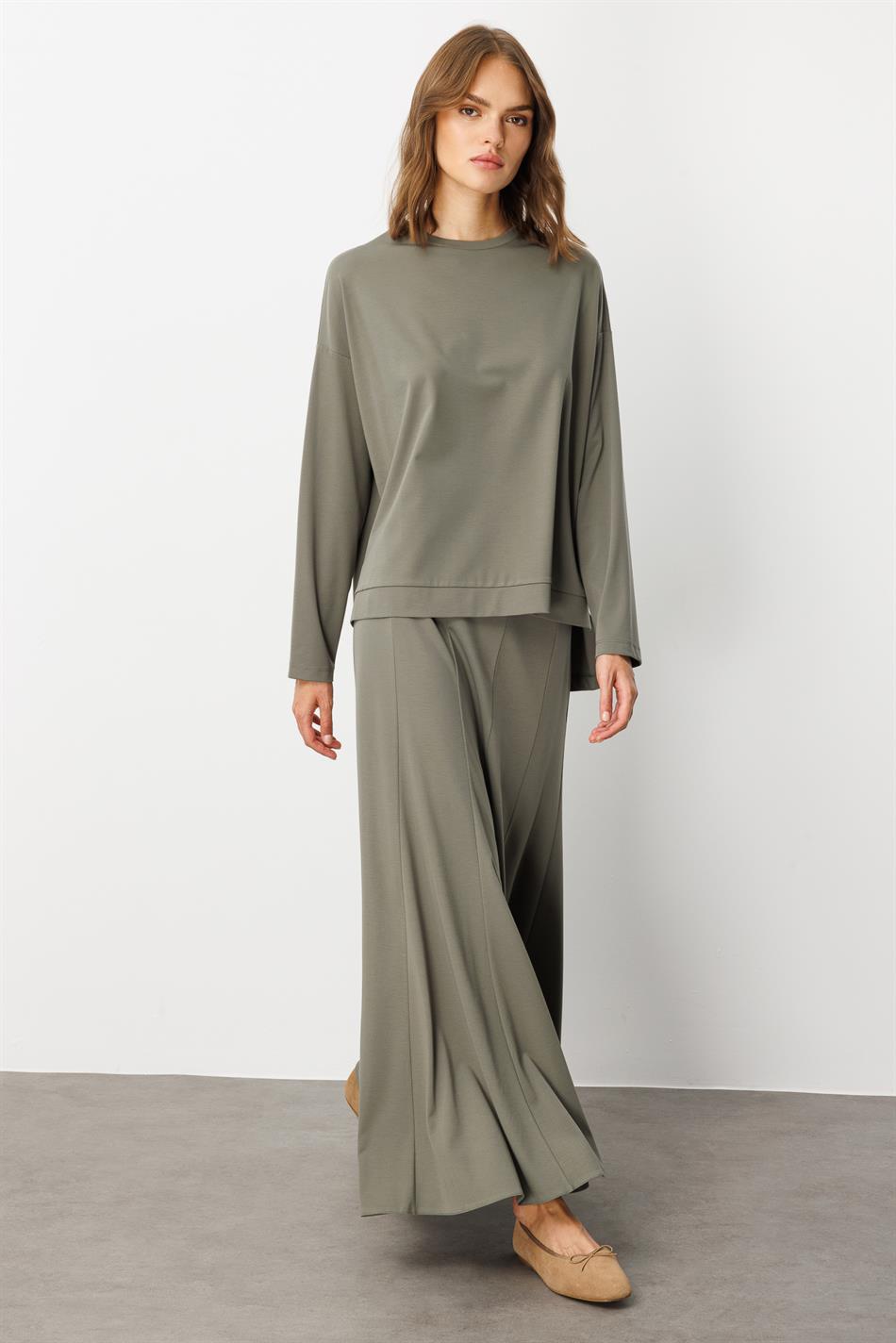 Mybch Strickrock mit extra fließendem, weichem Strukturmuster und zeitlosem Patchwork-Set – Khaki