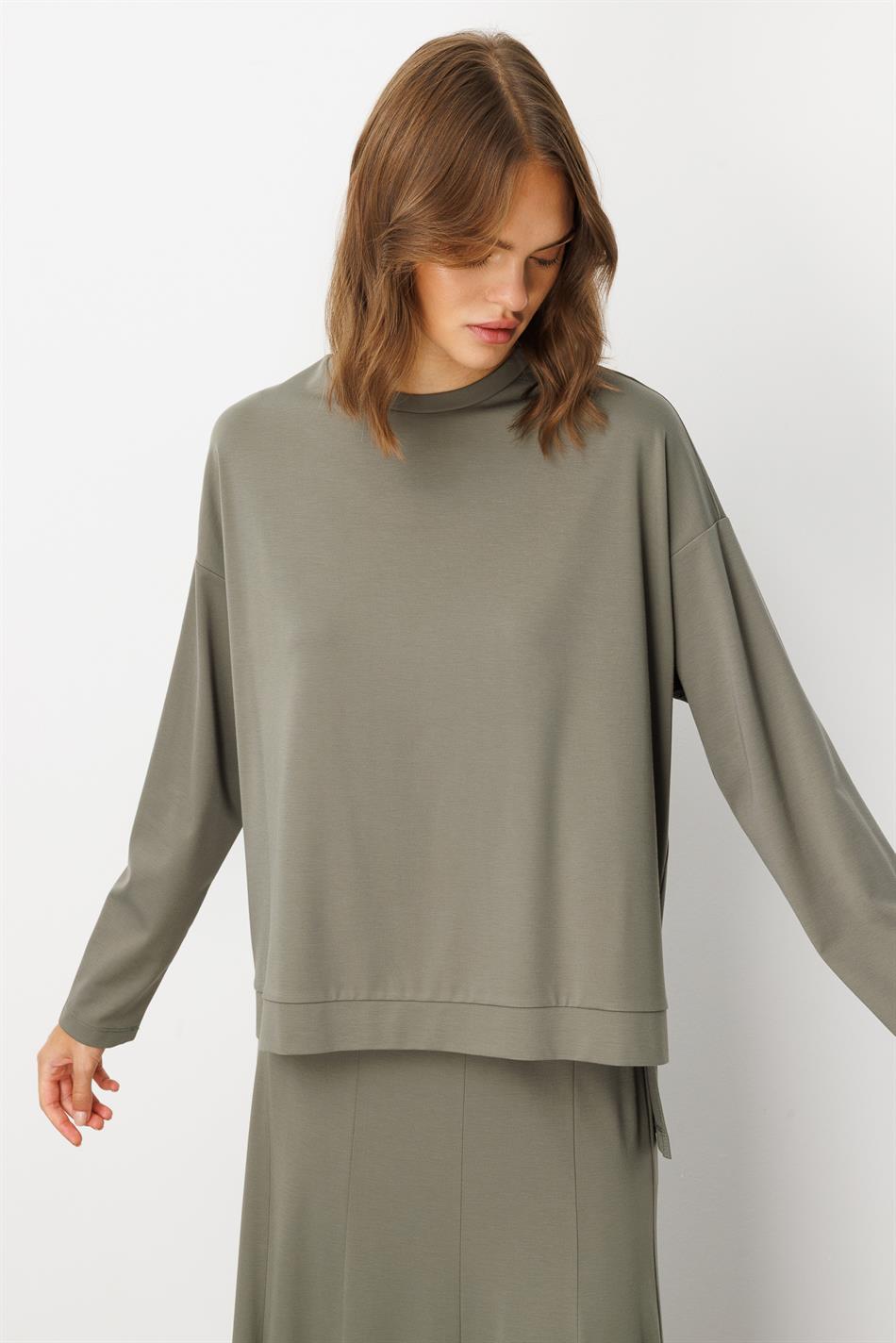 Mybch Strickrock mit extra fließendem, weichem Strukturmuster und zeitlosem Patchwork-Set – Khaki