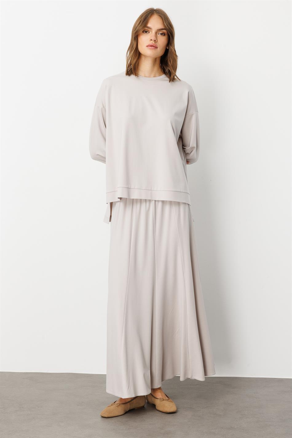 Mybch Örme Ekstra Dökümlü Yumuşak Dokulu Parçalı Etek Kombinli Zamansız Takım-Taş