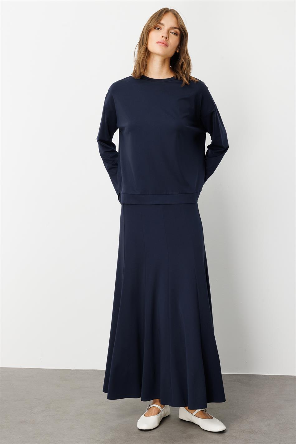 Mybch Strickrock mit extra fließendem, weichem Strukturmuster und zeitlosem Patchwork-Set – Marineblau