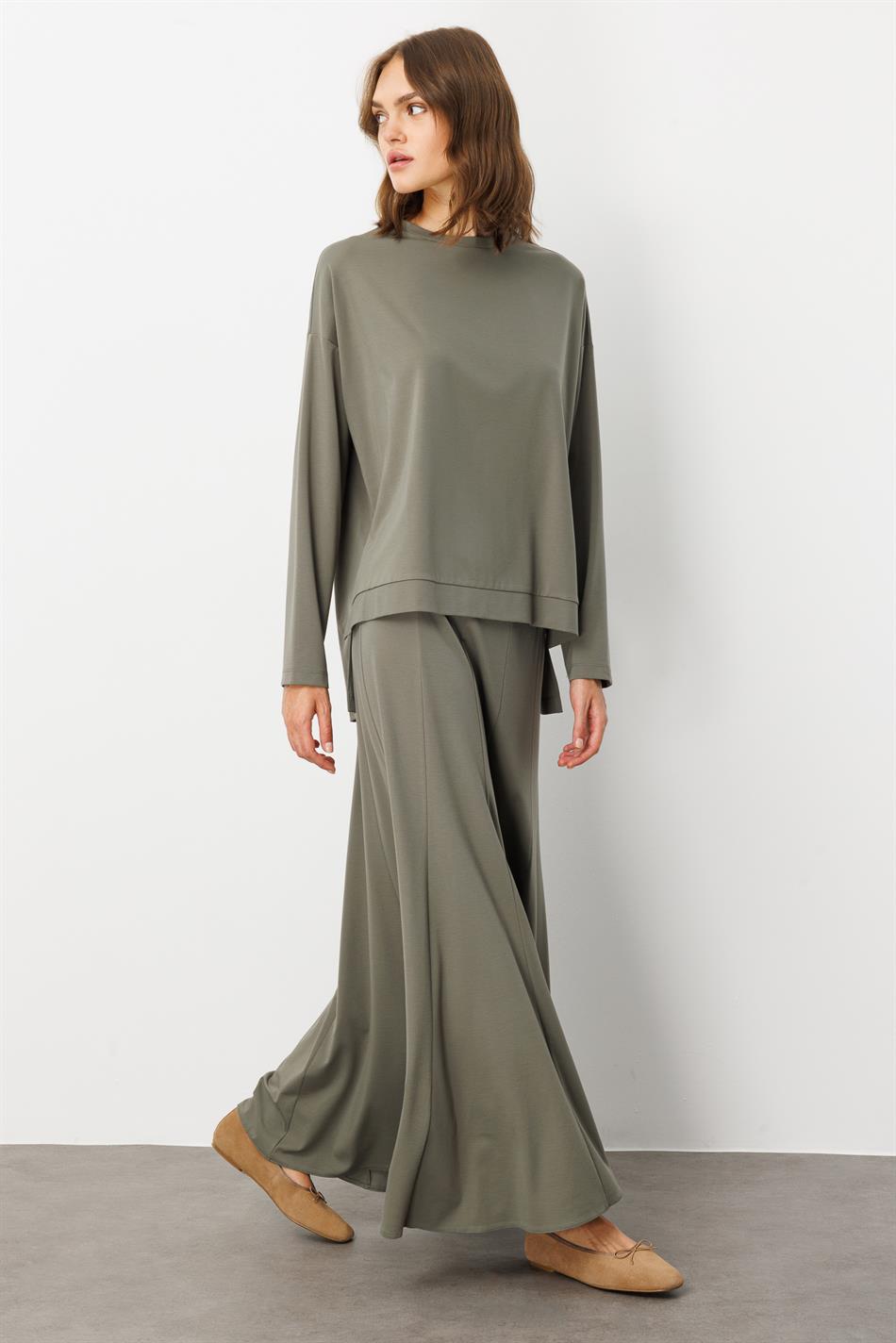 Mybch Strickrock mit extra fließendem, weichem Strukturmuster und zeitlosem Patchwork-Set – Khaki