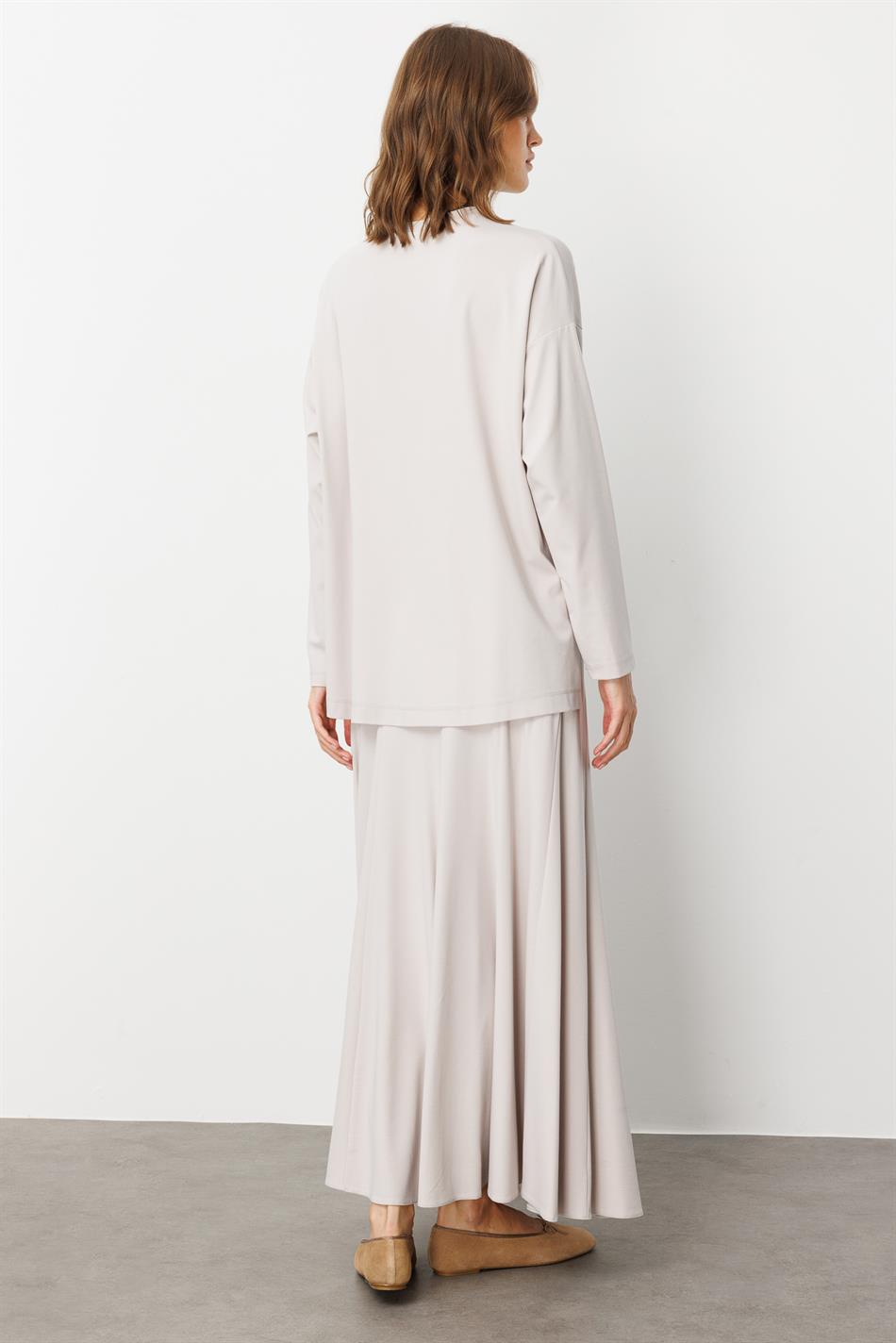 Mybch Örme Ekstra Dökümlü Yumuşak Dokulu Parçalı Etek Kombinli Zamansız Takım-Taş