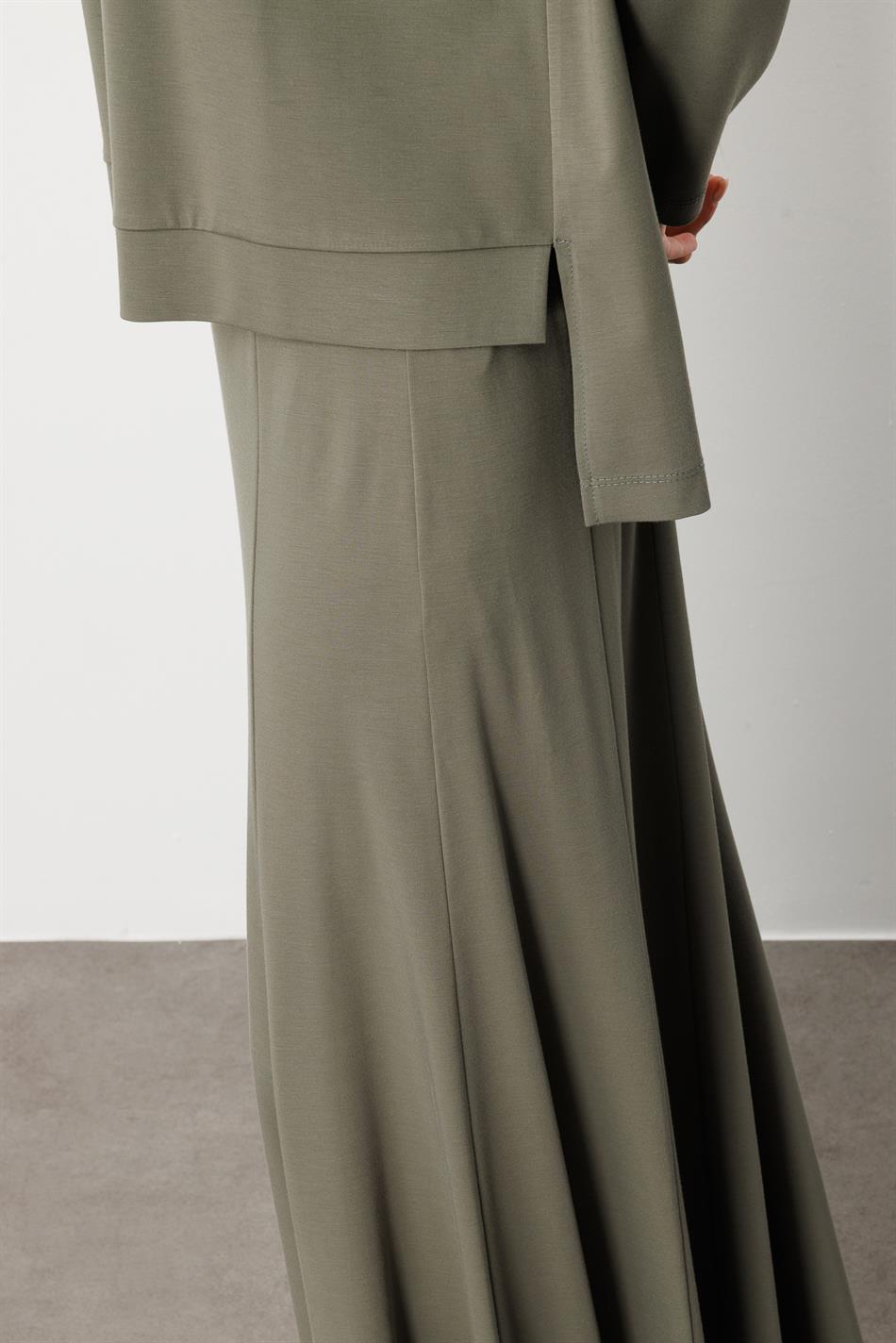 Mybch Strickrock mit extra fließendem, weichem Strukturmuster und zeitlosem Patchwork-Set – Khaki