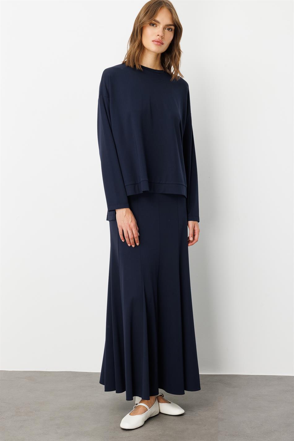 Mybch Strickrock mit extra fließendem, weichem Strukturmuster und zeitlosem Patchwork-Set – Marineblau