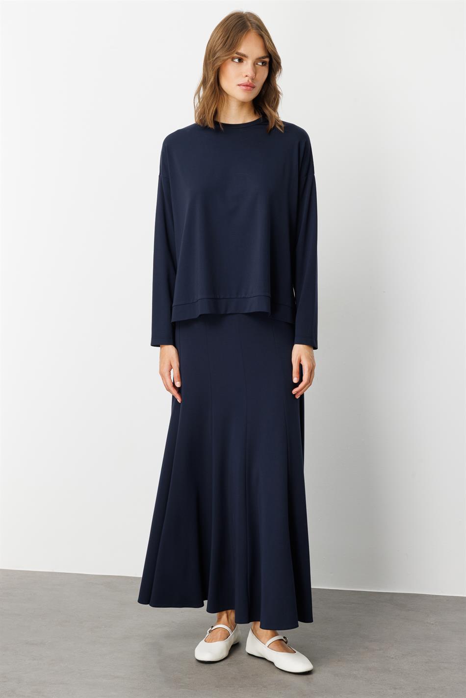 Mybch Strickrock mit extra fließendem, weichem Strukturmuster und zeitlosem Patchwork-Set – Marineblau