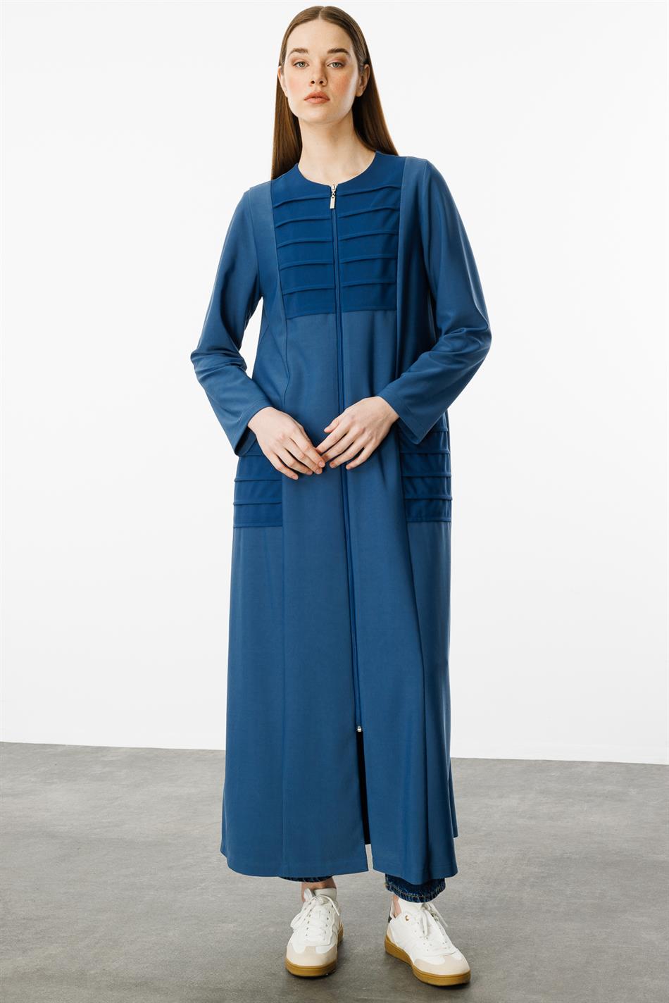 Qabırğalı Detallı İdman Draped Parça Abaya - Indigo