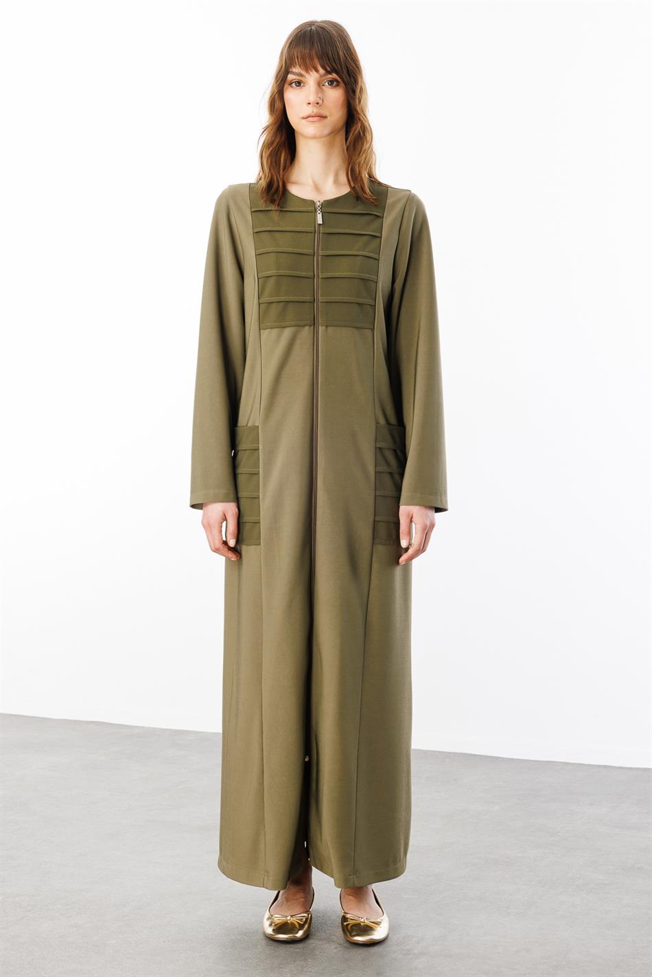 Qabırğalı Detallı İdman Draped Parça Abaya Palto - Xaki