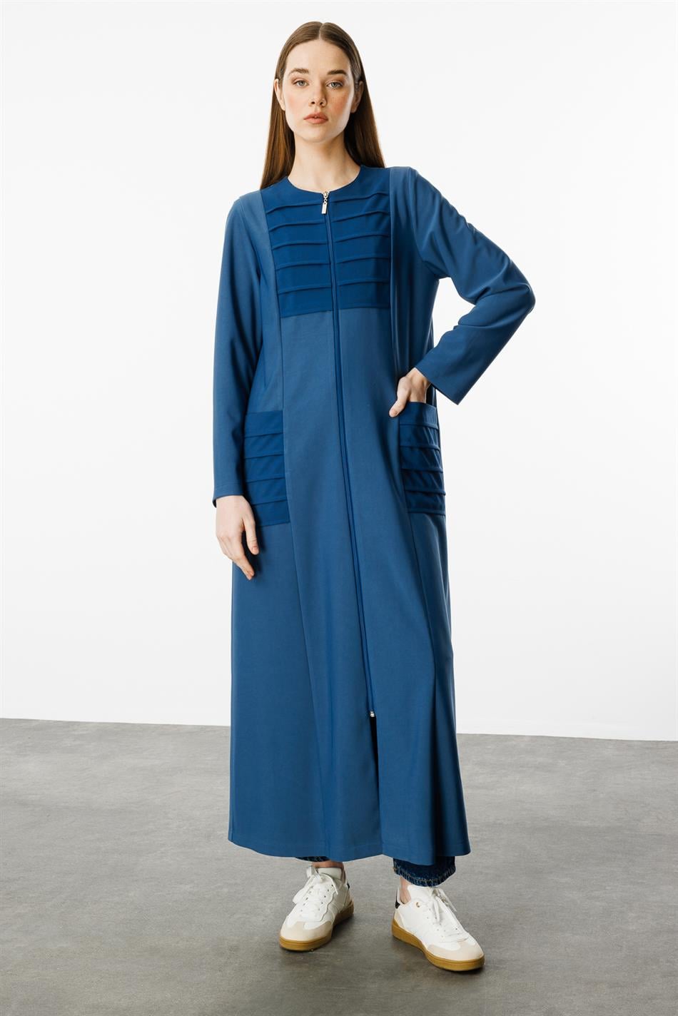 Qabırğalı Detallı İdman Draped Parça Abaya - Indigo