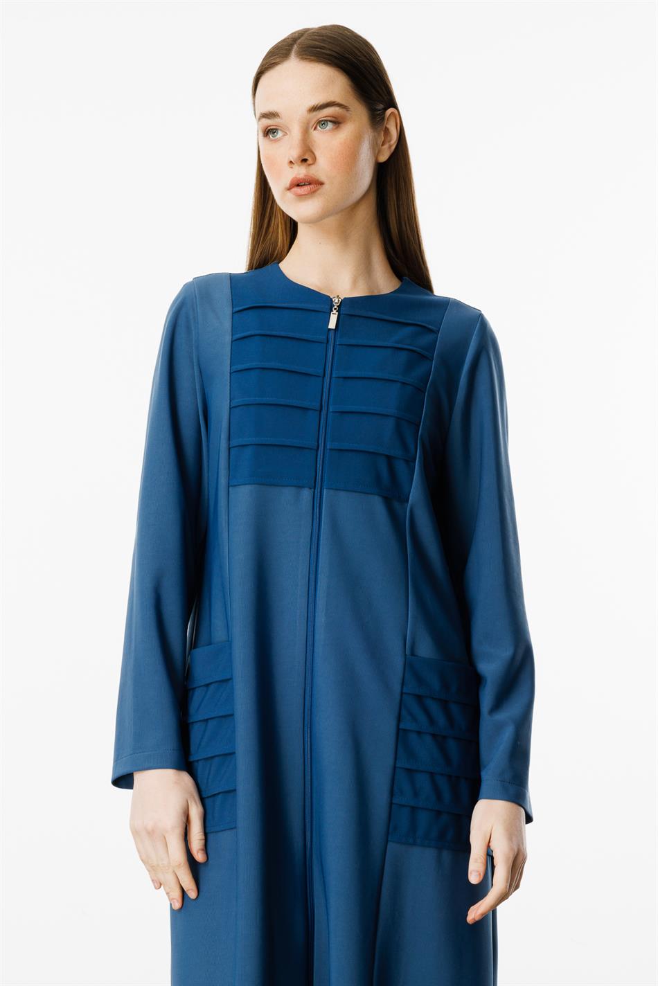 Qabırğalı Detallı İdman Draped Parça Abaya - Indigo