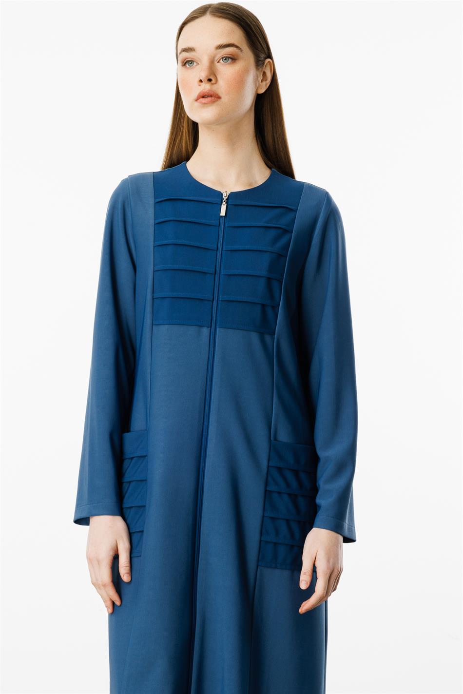 Qabırğalı Detallı İdman Draped Parça Abaya - Indigo
