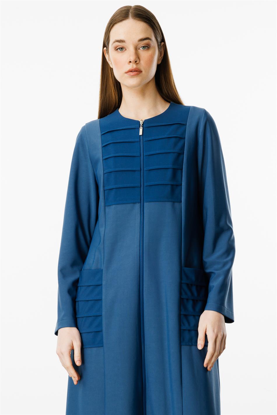 Qabırğalı Detallı İdman Draped Parça Abaya - Indigo