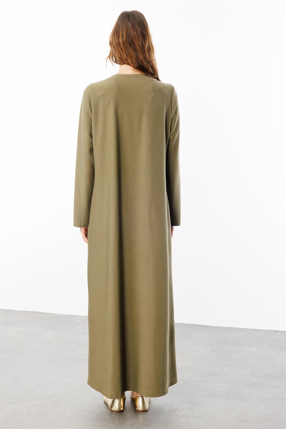 Qabırğalı Detallı İdman Draped Parça Abaya Palto - Xaki