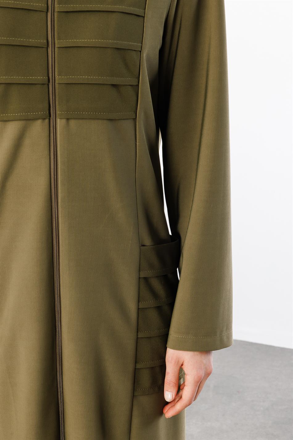 Qabırğalı Detallı İdman Draped Parça Abaya Palto - Xaki