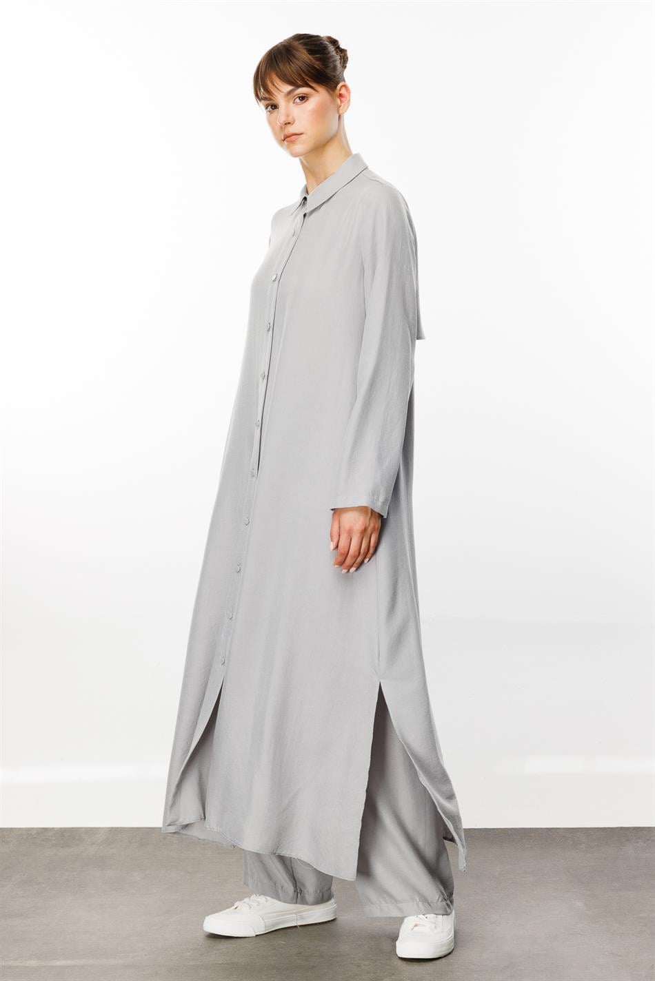 NOUVO İpək Teksturalı Palto / Don - Boz