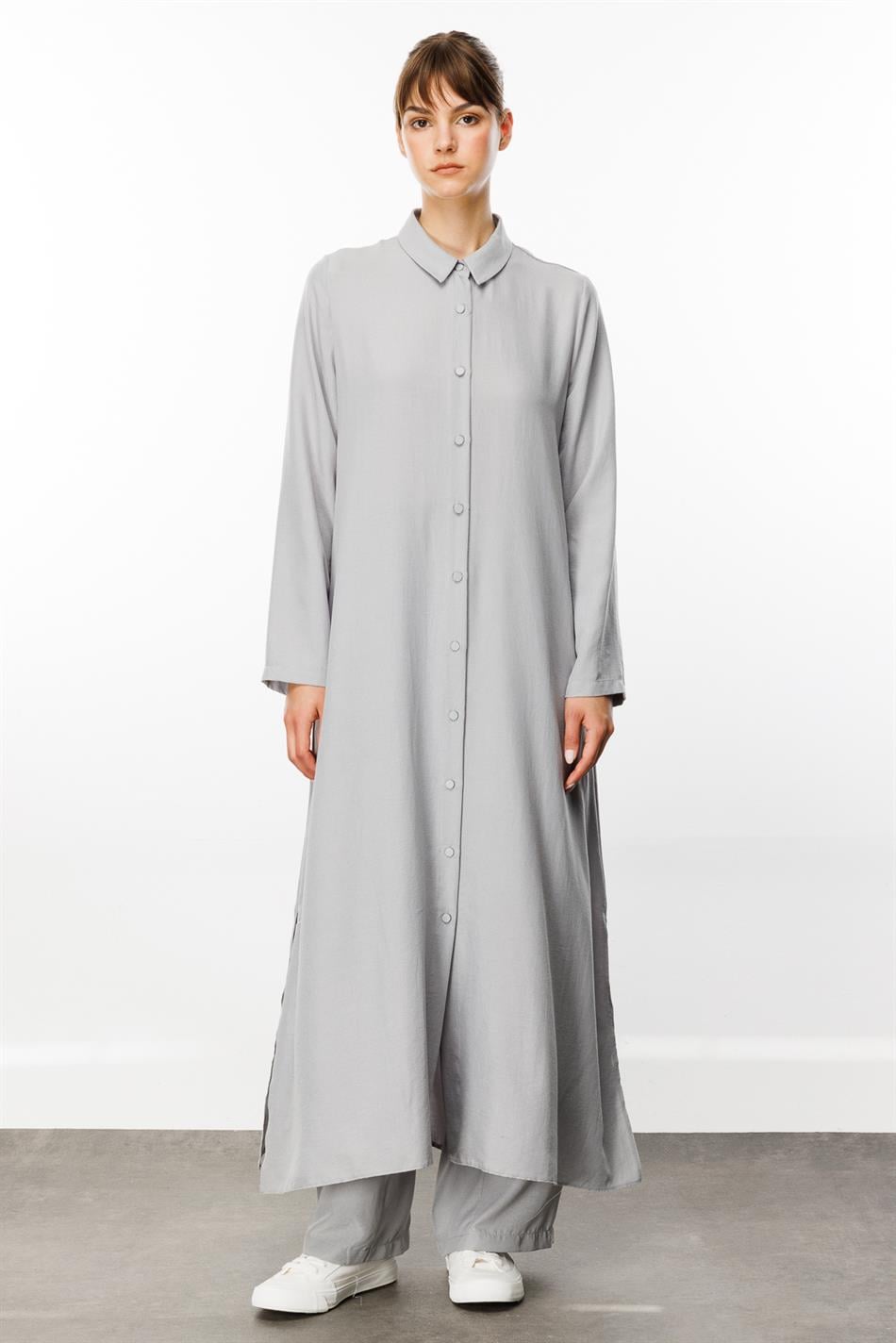 NOUVO İpək Teksturalı Palto / Don - Boz