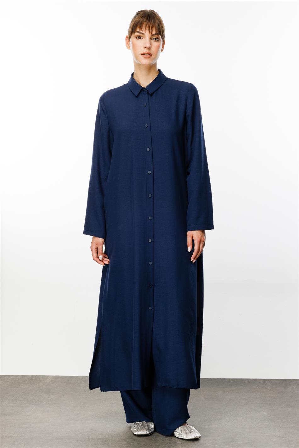 NOUVO İpək Teksturalı Palto / Don - Tünd Göy