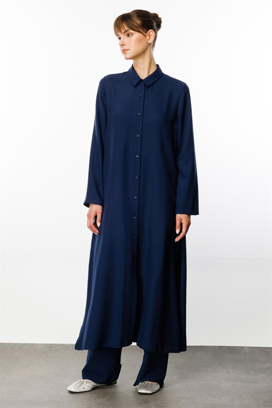 NOUVO İpək Teksturalı Palto / Don - Tünd Göy