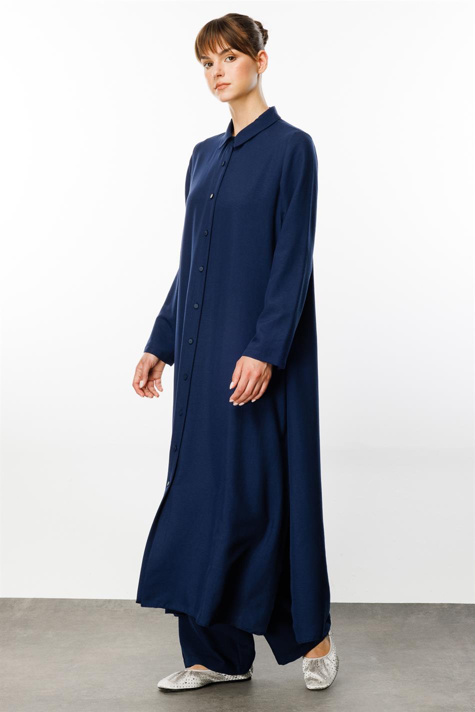 NOUVO İpək Teksturalı Palto / Don - Tünd Göy