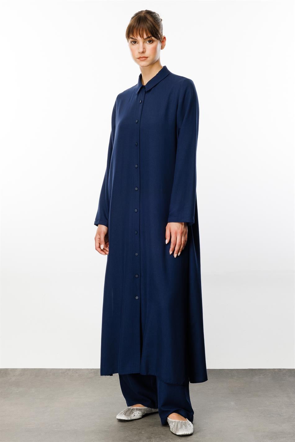 NOUVO İpək Teksturalı Palto / Don - Tünd Göy