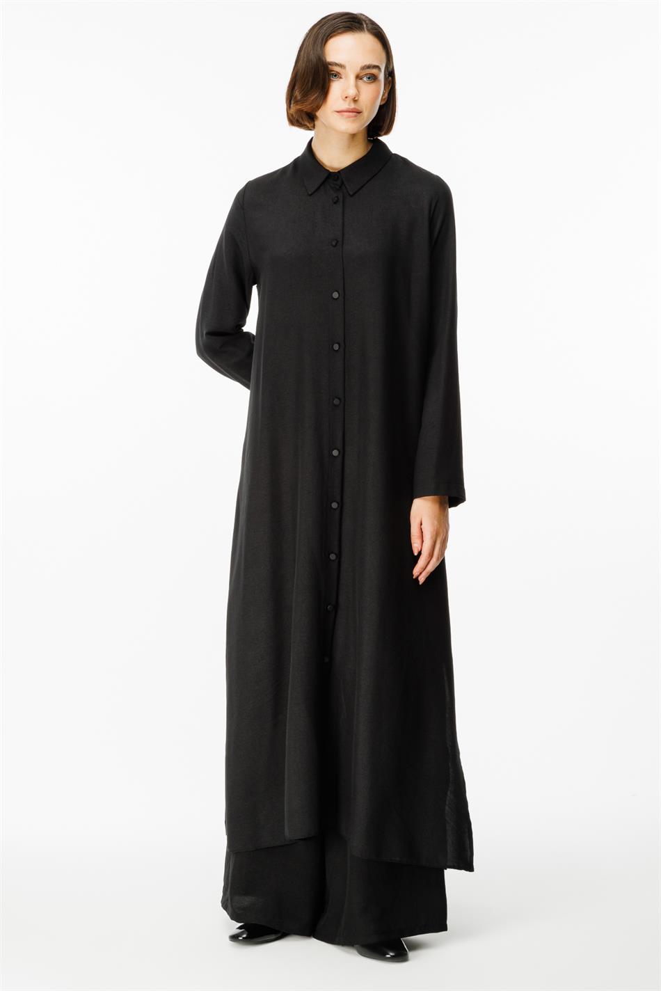 NOUVO SET Zijden textuur jas/jurk - broek set - zwart