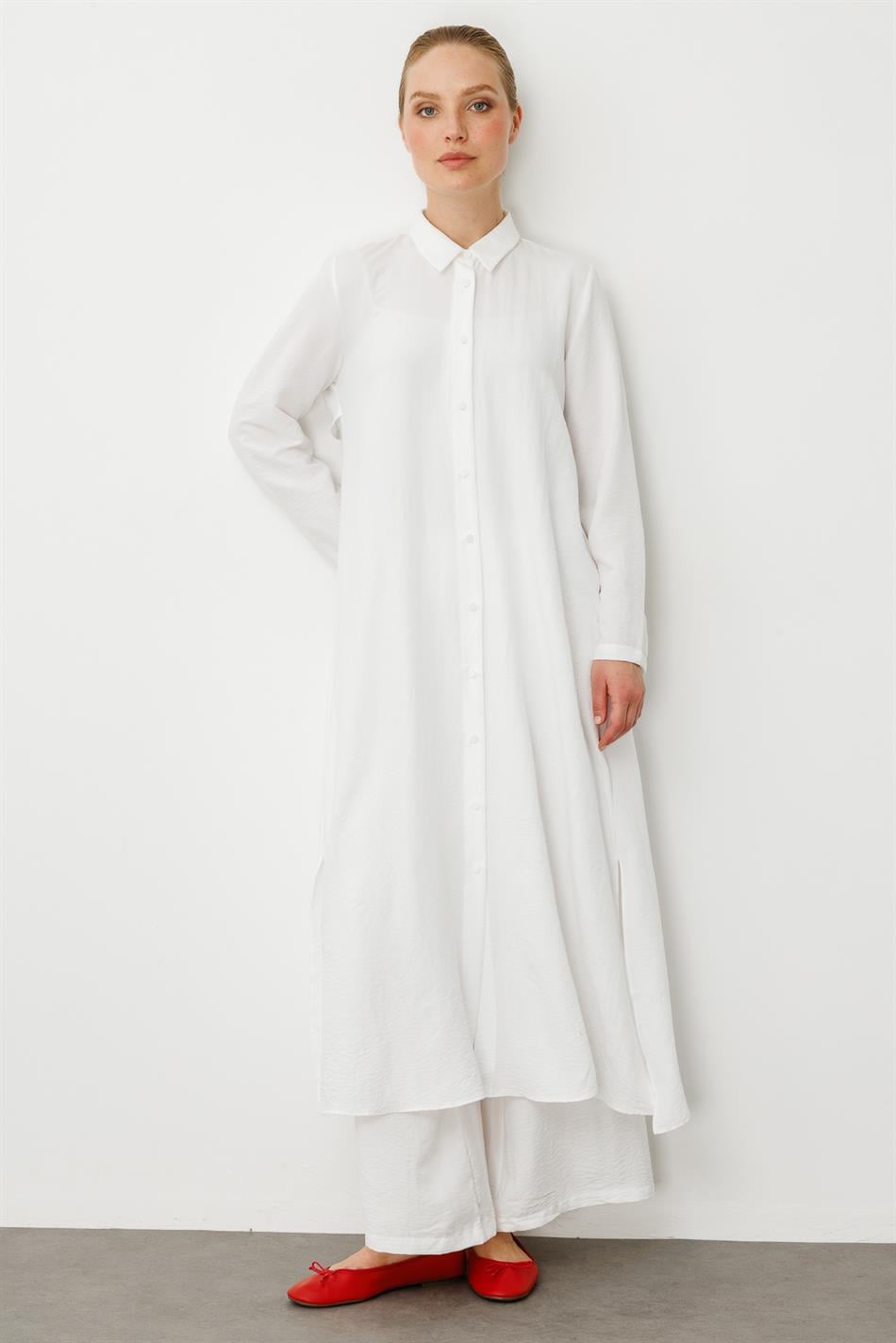 NOUVO SET İpekçe Doku Kap/Elbise - Pantalon Takım-Beyaz