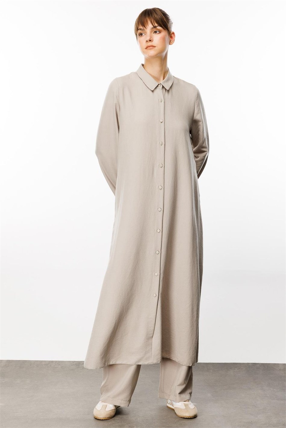 NOUVO DƏSTİ İpək Teksturalı Palto/Dress - Şalvar Dəsti - Daş
