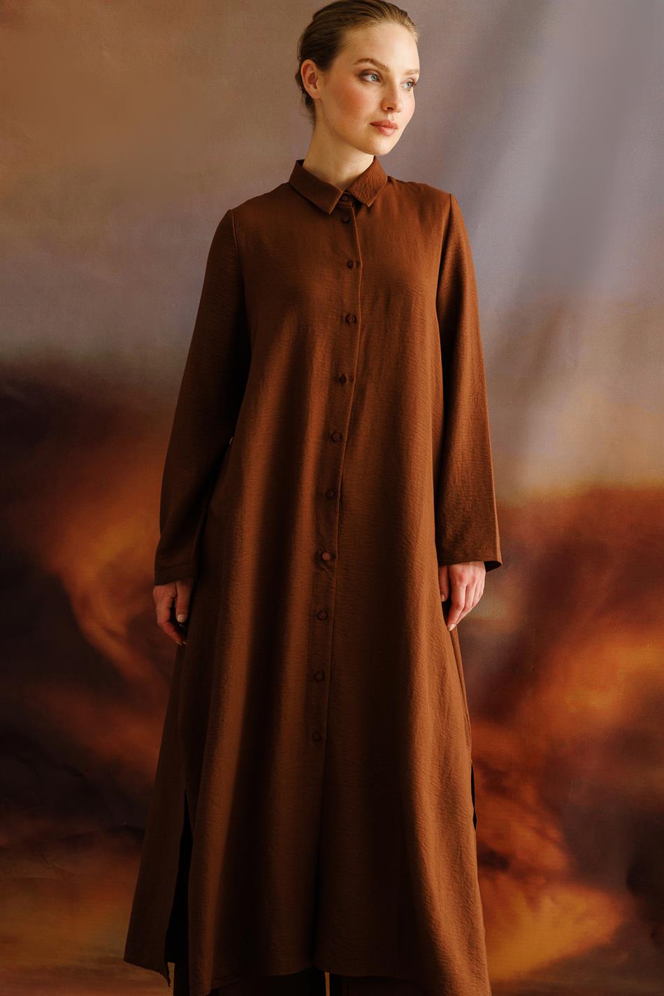 NOUVO SET İpekçe Doku Kap/Elbise - Pantalon Takım-Kahve