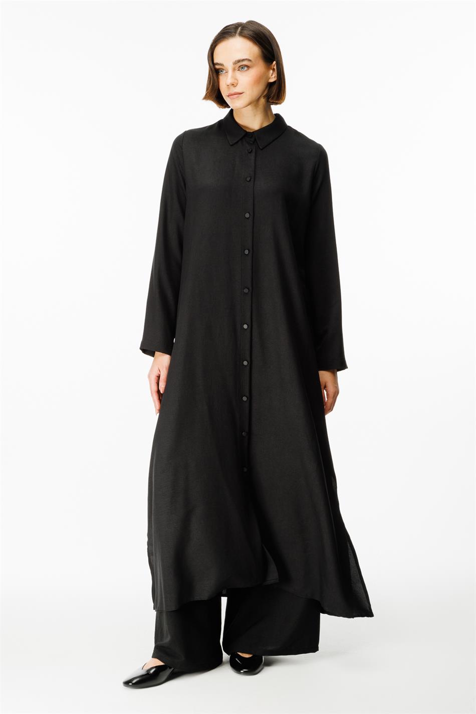 NOUVO SET Zijden textuur jas/jurk - broek set - zwart